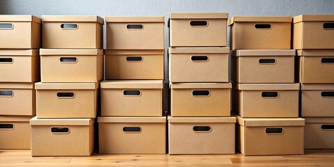 Close-up of various empty cardboard storage boxes with covers for relocation or organization, boxes, cardboard, storage
