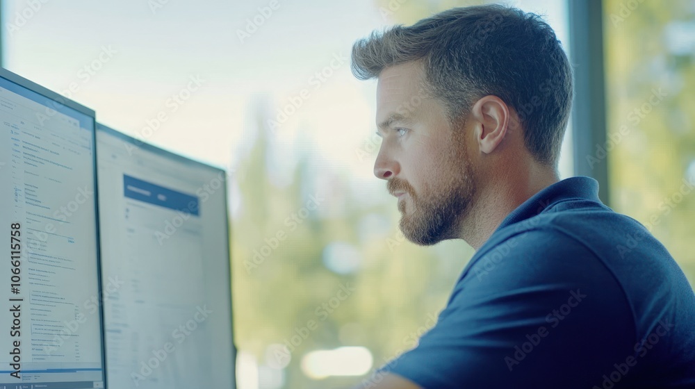 Poster a man focused on his computer screen in an office setting