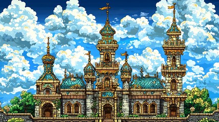Fototapeta premium A Fairytale Castle with Gold Trim and a Blue Sky