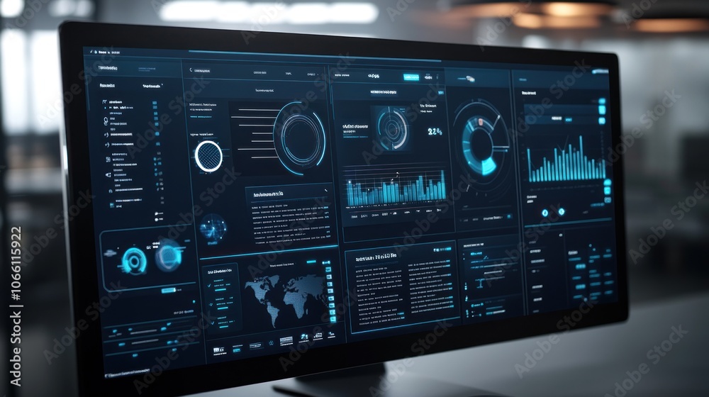 Aufkleber A computer monitor displaying a futuristic user interface with various data visualizations and system information.
