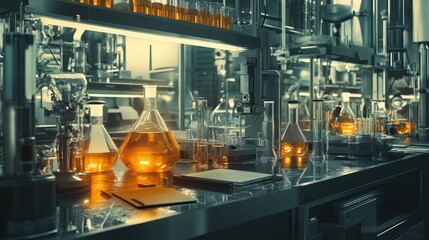 Laboratory Countertop with Glassware and Liquid Samples