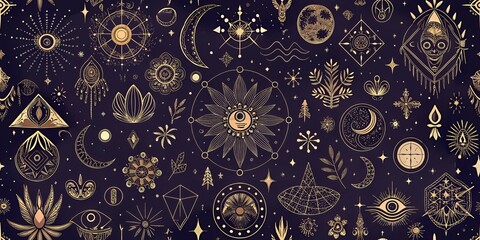 Mystical celestial patterns and symbols on cosmic background