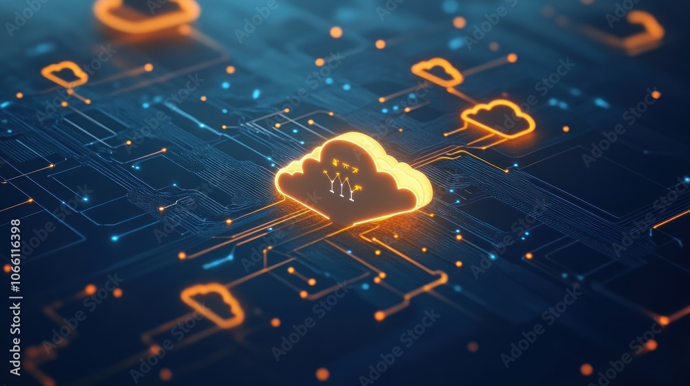 Poster illuminated cloud icon on abstract circuit board