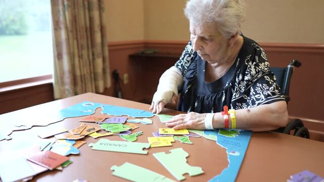 An elderly woman with white hair sits in a wheelchair, her hand reaching towards a puzzle on a table in front of her. She wears a black shirt with white floral pattern. The room has a window with curt