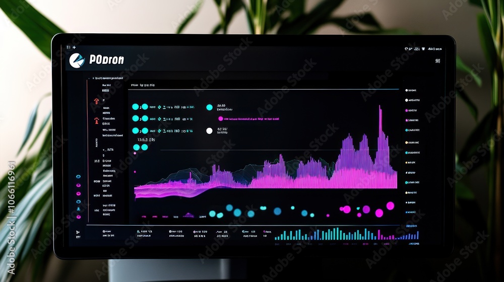 Poster Computer Screen Displaying Data Analysis with Pink and Blue Graphs