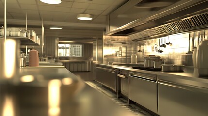 Obraz premium A clean and modern commercial kitchen with stainless steel appliances and countertops.
