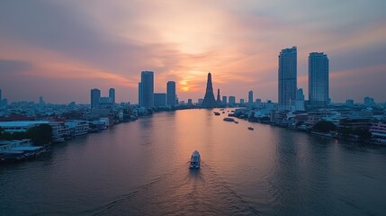 Obraz premium Wat at sunset with the Chao Phraya River glowing in warm hues of orange and pink