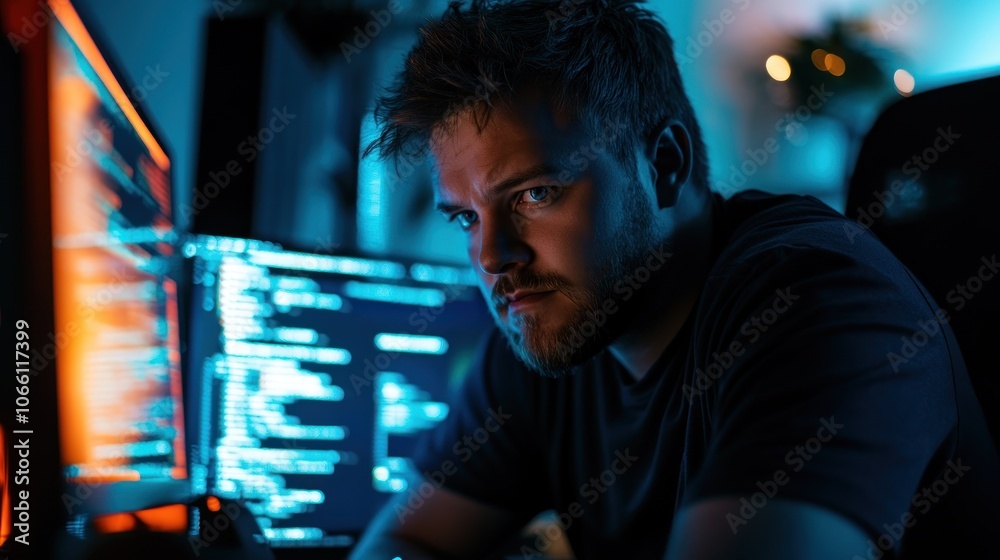 Poster A young man with blue eyes looks intently at a computer screen, illuminated by the glow of the code.
