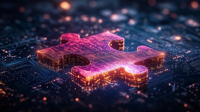 Puzzle pieces with circuit patterns symbolizing microservices integration.