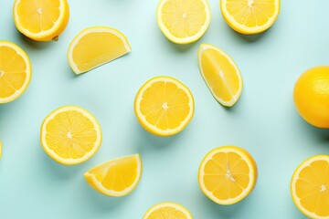 Fototapeta premium Bright citrus fruit pattern on light gray background representing the tropical concept of juicy ripe lemons and their vitamin C Minimalistic summer design