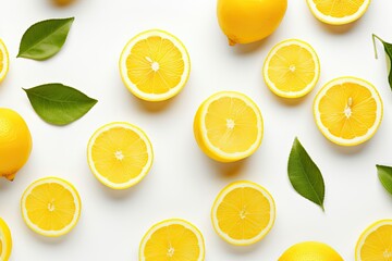 Fototapeta premium Bright citrus fruit pattern on light gray background representing the tropical concept of juicy ripe lemons and their vitamin C Minimalistic summer design