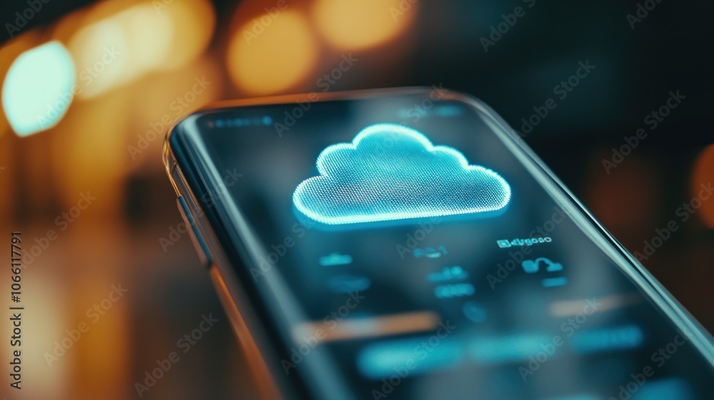 Poster Smartphone Display with a Blue Cloud Icon Depicting Cloud Computing