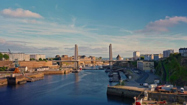 Brest bridge in France. French naval base Brittany region. During the Second World War the city was completely destroyed and has historical glory. Timelapse
