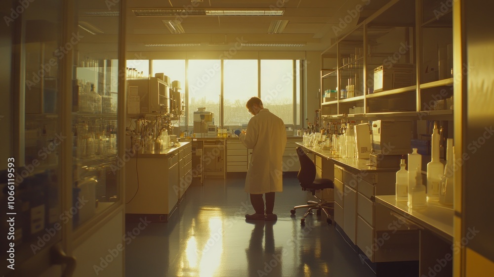 Poster Scientist Working in a Laboratory with Sunlight Streaming Through the Window