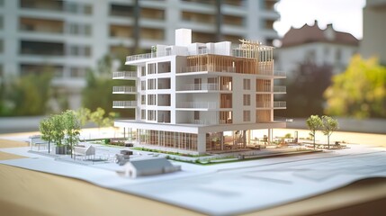 A detailed architectural model of a modern apartment building on a blueprint, showcasing its design and layout.