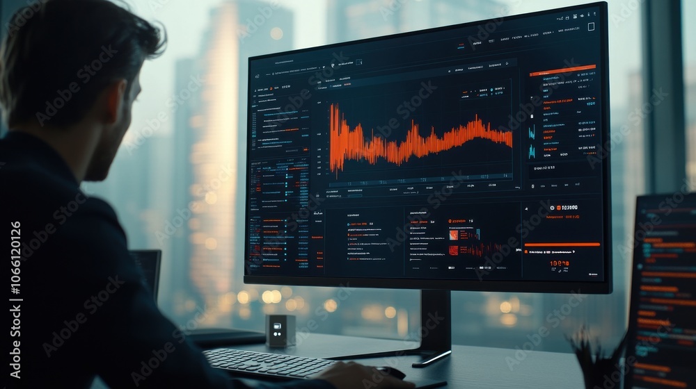 Poster Man Analyzing Financial Data on a Large Computer Monitor