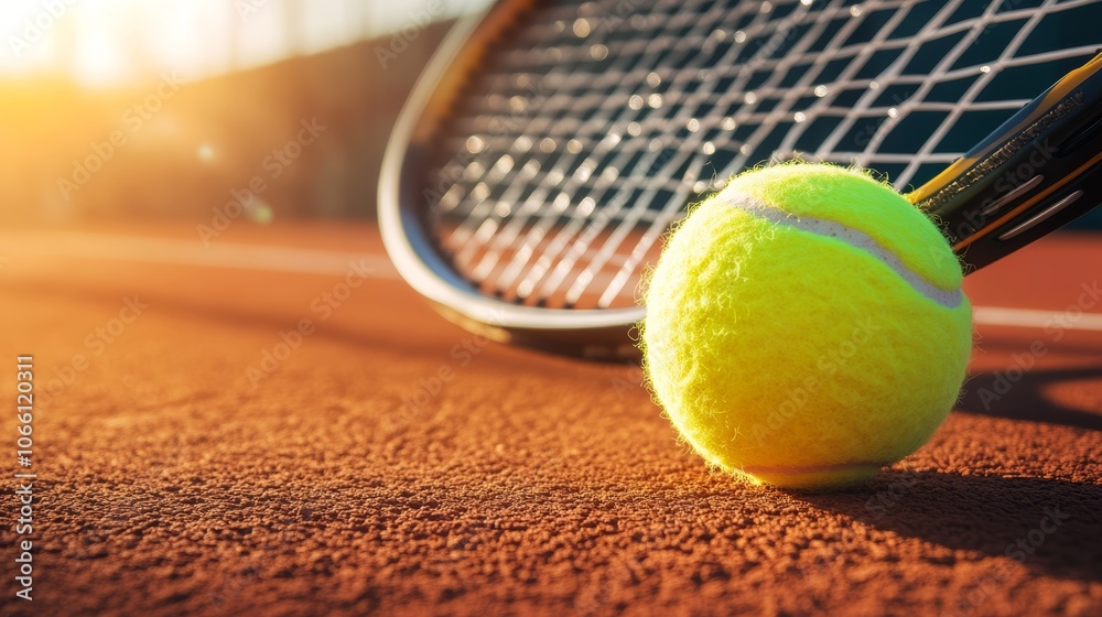 Poster tennis ball and racket are lying on a clay court, illuminated by the warm glow of the setting sun, c