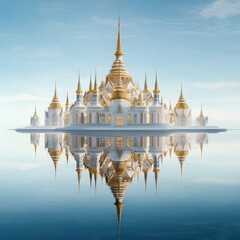 Wat with stunning golden details, mirrored perfectly in the Chao Phraya River below