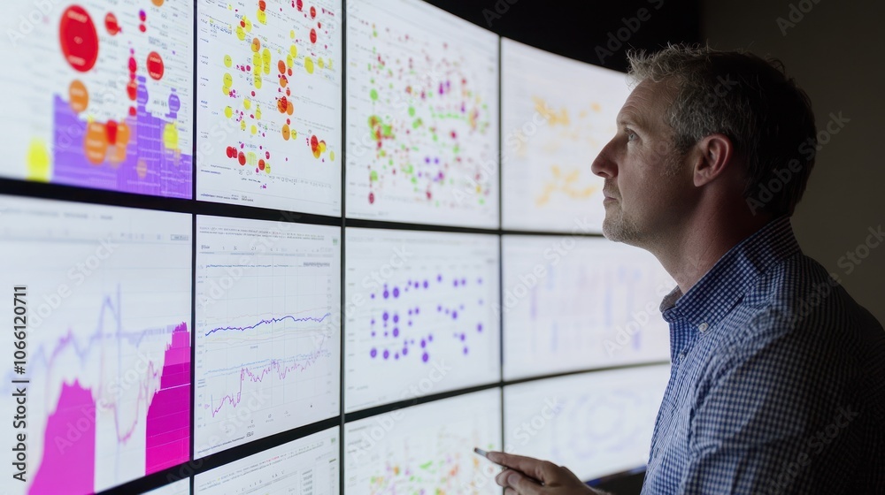 Poster A man analyzing data displayed on a wall of computer screens