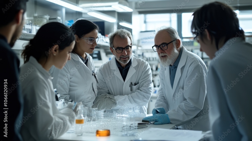 Poster scientists in lab coats discussing research over test tubes and papers
