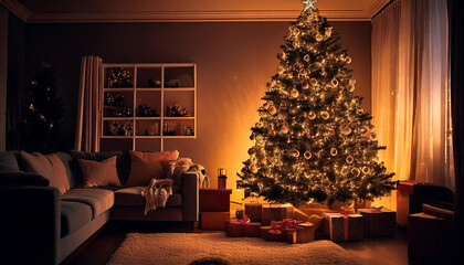 크리스마스 트리와 선물로 장식된 따뜻한 느낌의 조명으로 밝힌 거실