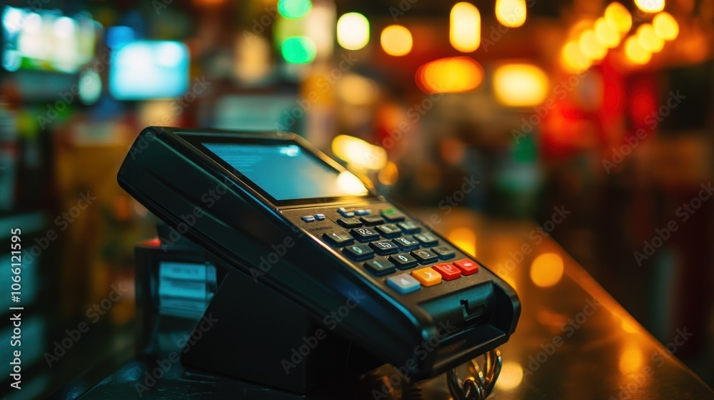 Aufkleber Close-up of a Black Card Reader with a Blurry Background of Lights