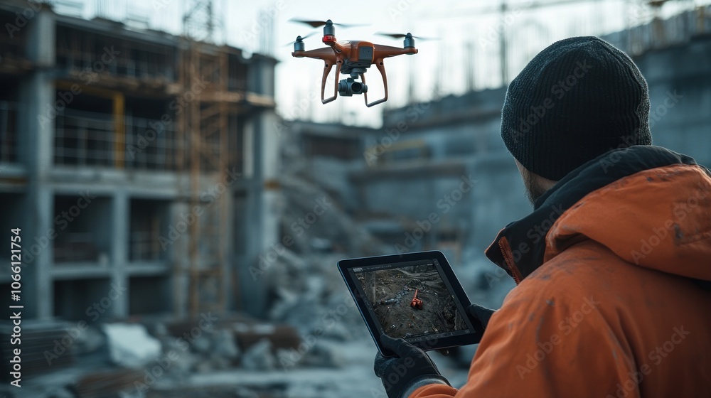 Poster construction worker using drone and tablet for site inspection