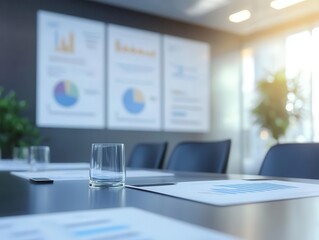 Naklejka premium Startup business plan presentation with vibrant slides, dynamic movement, soft lighting, modern boardroom