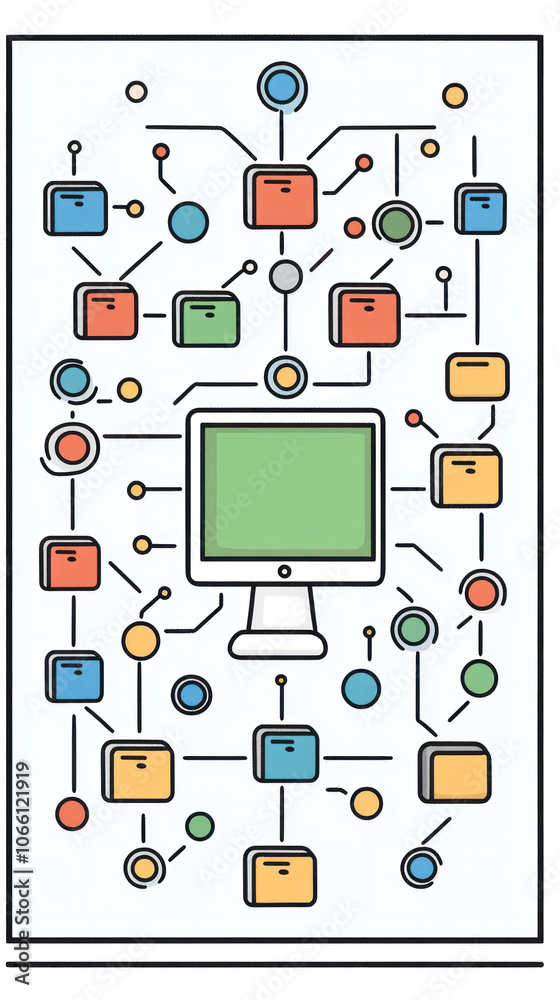 Poster a computer monitor is surrounded by a network of colorful boxes. the boxes are connected to the moni
