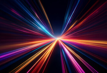 Abstract digital art of colorful streaks converging towards a bright center.