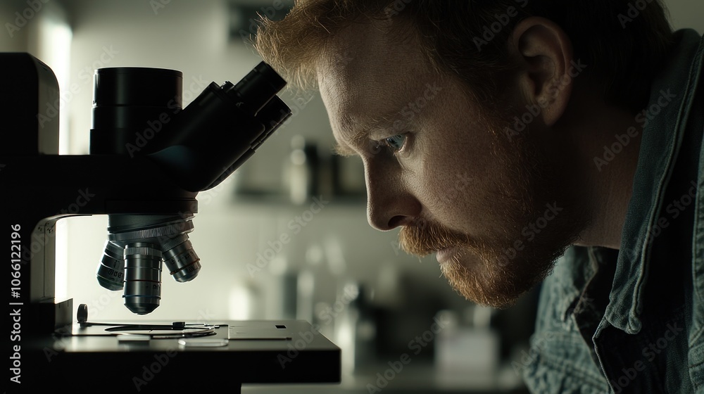 Poster A man with a beard intently looks into the lens of a microscope