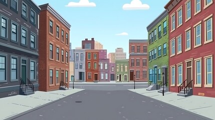Obraz premium Cartoon City Street with Colorful Row Houses.