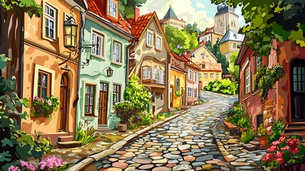Fototapeta premium Charming Cobblestone Street in a Picturesque European Town.
