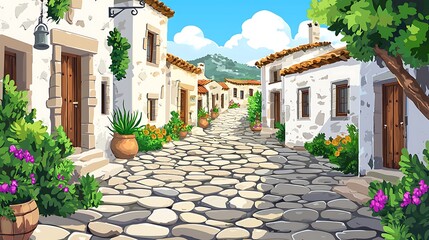 Naklejka premium Cobblestone Street in a Quaint Mediterranean Village.