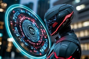 Fototapeta premium A futuristic soldier standing in a high-tech cityscape with holographic messages of military appreciation surrounding them