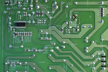 Electronic circuit board as background, top view