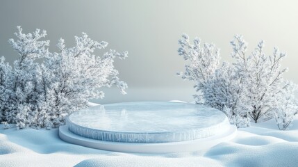 Winter podium with subtle ice textures and snow, 3D design isolated on white