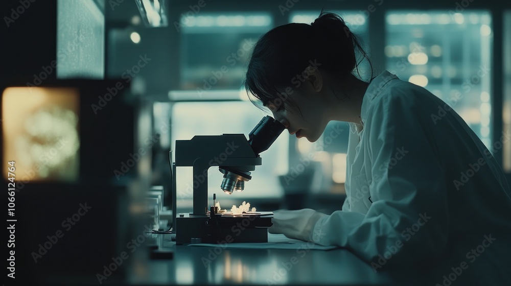 Poster A Scientist Examining a Sample Under a Microscope in a Lab
