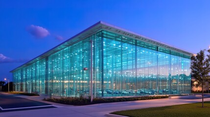 A modern glass building with a large open space, lit up at night.