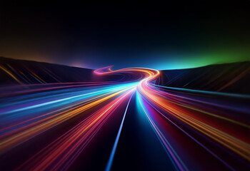 A winding, colorful road through a dark, abstract landscape.