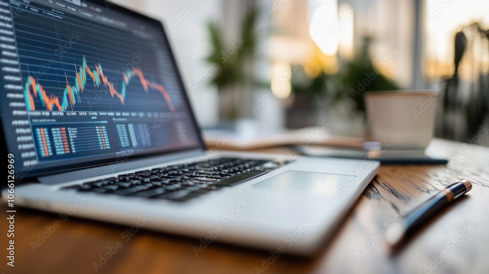 Poster laptop displaying stock market data with blurred background