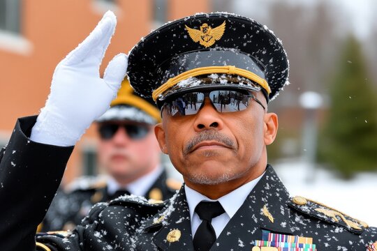 An ultra-realistic image of a soldier saluting during a military appreciation event, with intricate details of their uniform and expression
