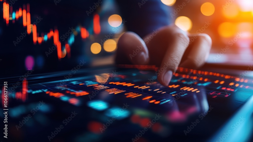 Poster person's finger interacting with a digital display showing stock market data