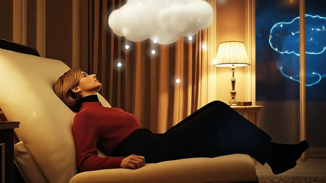 Elegant bedroom interior with rich burgundy walls, illuminated by warm golden table lamps. Contemporary chaise lounge features modern design. Floating cloud element adds whimsical surreal touch. 