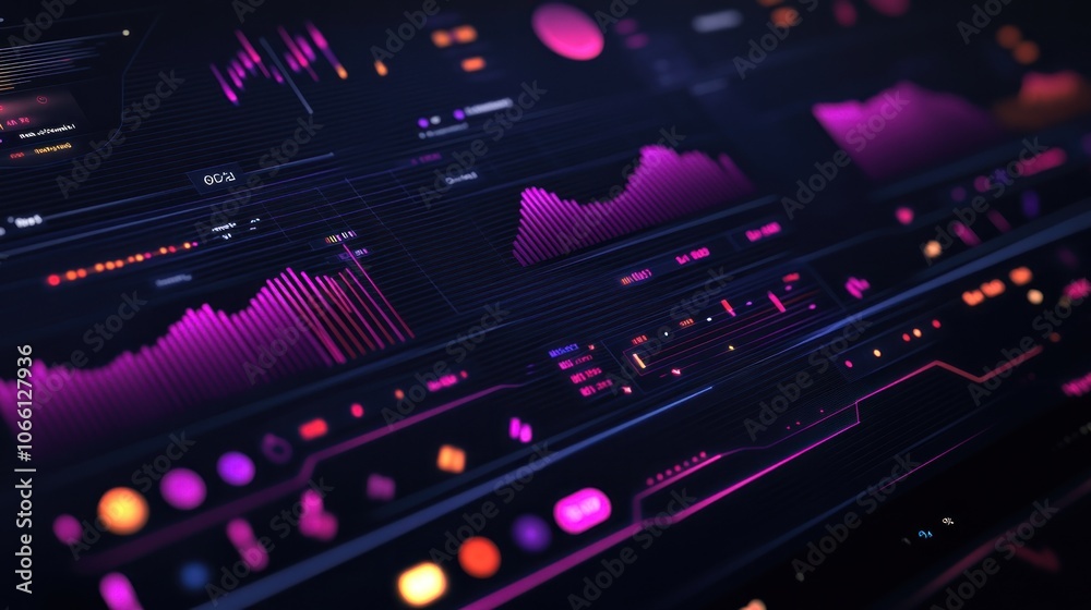 Poster futuristic interface with neon lines, charts, and data displays