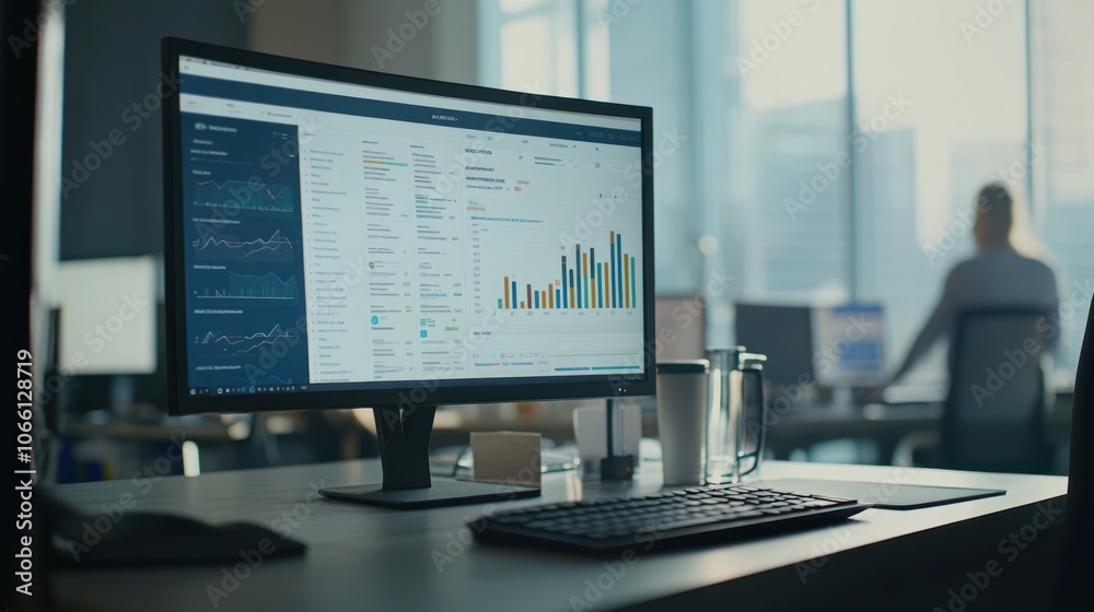 Leinwandbilder Modern office workspace with desktop computer displaying business analytics data and a keyboard