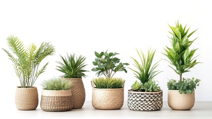 Obraz premium A row of six potted plants with various textures and styles in woven baskets against a white wall.