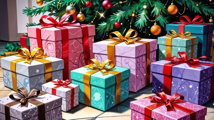 Christmas Tree Surrounded by Gift Packs