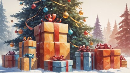 Christmas Tree Surrounded by Gift Packs