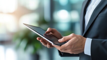 Close-up of a man's hand holding a tablet device
